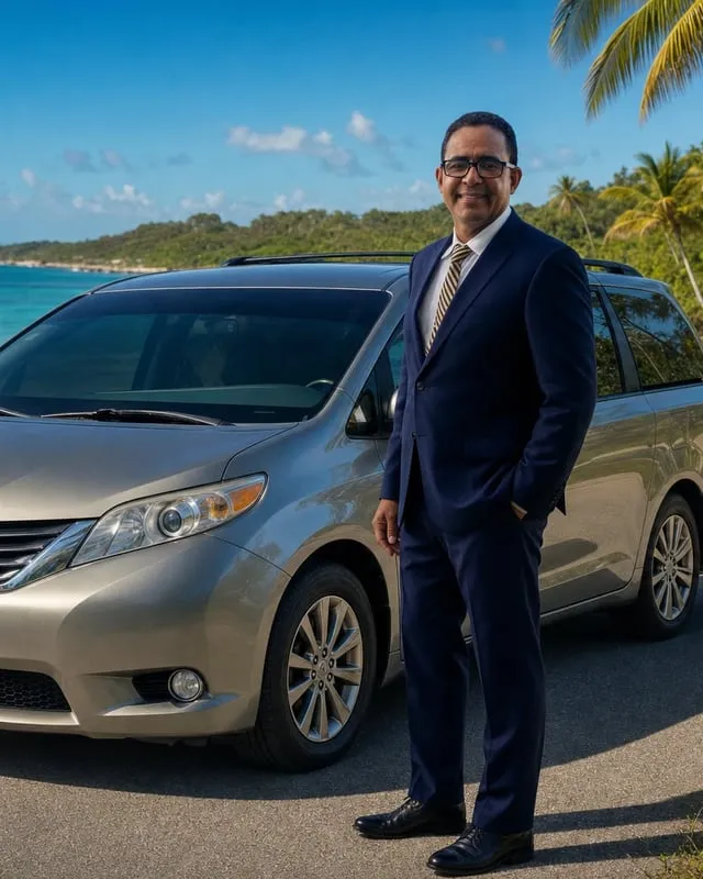 A Freddy's Transport driver beside the minivan by the sea